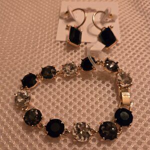 Black, clear, & gold costume bracelet with coordinating earrings